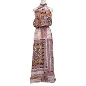 NEW Kristina Ti 100% Silk Pink Purple Boho Print High Neck Open Back Maxi Dress